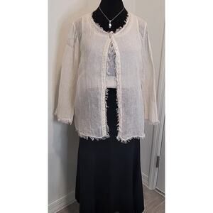 Eileen Fisher Ivory Linen Frayed-Neckline Top M Soft Luxe Minimalist Artisanal